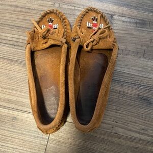 Minnetonka Brown Moccasins with Bow and Bead Detail